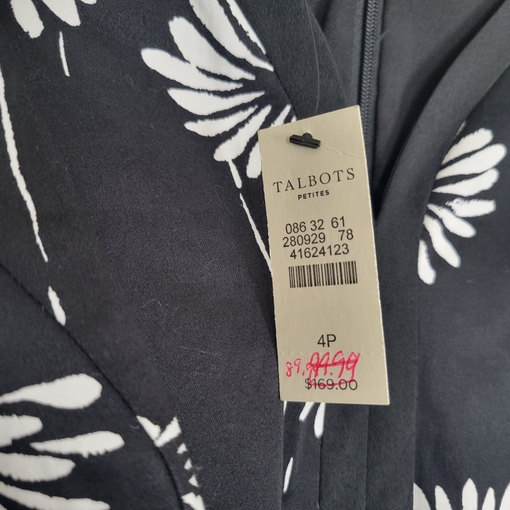 Talbots Fit And Flare Dress Black White Floral Women 4P Petite Sleeveless V-Neck - Picture 5 of 7